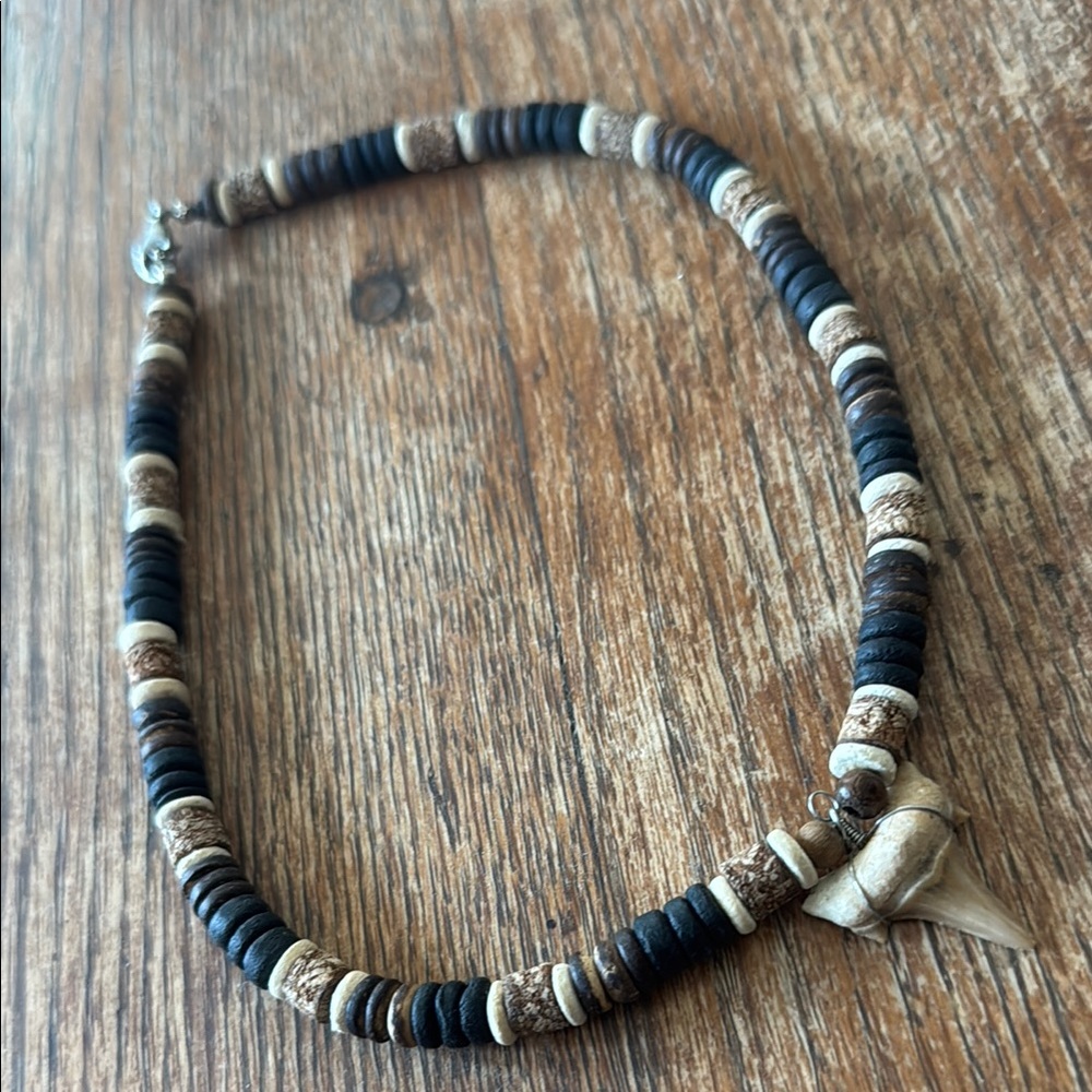 Black and Tan Beaded Necklace with Shark Tooth Pendant